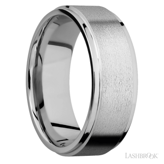 8 mm wide Flat Grooved Edges 14K White Gold band.