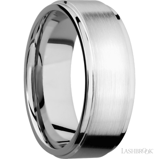 8 mm wide Flat Grooved Edges 14K White Gold band.