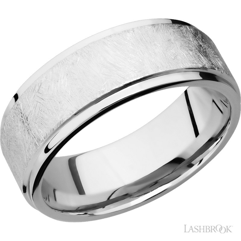 8 mm wide Flat Grooved Edges 14K White Gold band.