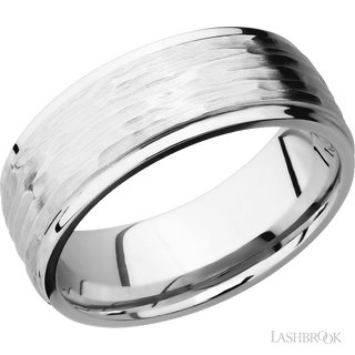 8 mm wide Flat Grooved Edges 14K White Gold band.