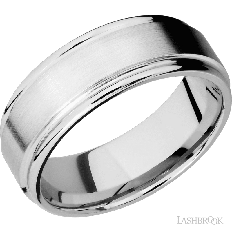 8 mm wide Flat Rounded Edges 14K White Gold band.