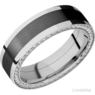 7 mm wide/Flat/14K White Gold band with  one 4 mm Centered inlay of Zirconium and featuring a Side Eternity arrangement of .01 carat Round Diamond stones in a Bead Channel setting