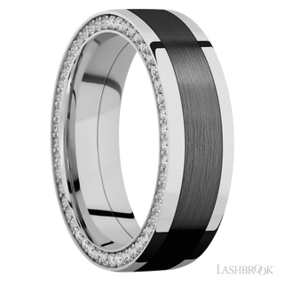 7 mm wide/Flat/14K White Gold band with  one 4 mm Centered inlay of Zirconium and featuring a Side Eternity arrangement of .01 carat Round Diamond stones in a Bead Channel setting