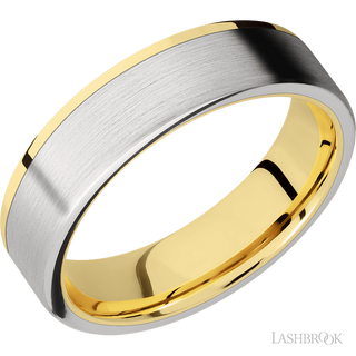 6 mm wide/Flat/14K Yellow Gold band with one 5 mm Off Center Edge inlay of Cobalt Chrome.