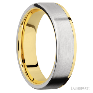 6 mm wide/Flat/14K Yellow Gold band with one 5 mm Off Center Edge inlay of Cobalt Chrome.