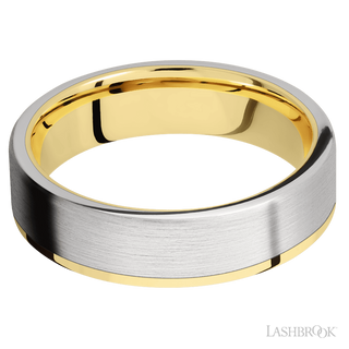6 mm wide/Flat/14K Yellow Gold band with one 5 mm Off Center Edge inlay of Cobalt Chrome.