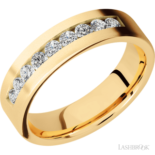 6 mm wide/Flat/14K Yellow Gold band with an  arrangement of 9, .07 carat Round Diamond stones in a Channel setting.