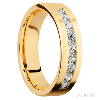 6 mm wide/Flat/14K Yellow Gold band with an  arrangement of 9, .07 carat Round Diamond stones in a Channel setting.