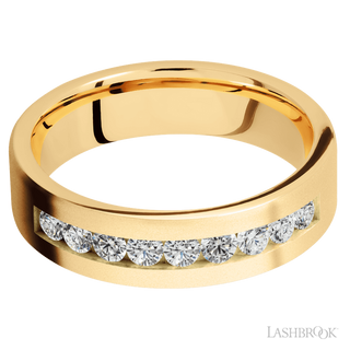 6 mm wide/Flat/14K Yellow Gold band with an  arrangement of 9, .07 carat Round Diamond stones in a Channel setting.