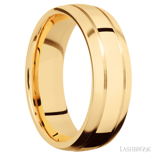 7 mm wide Domed with two accent grooves 14K Yellow Gold band.