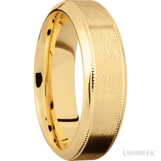 7 mm wide High Bevel Milgrain 14K Yellow Gold band.