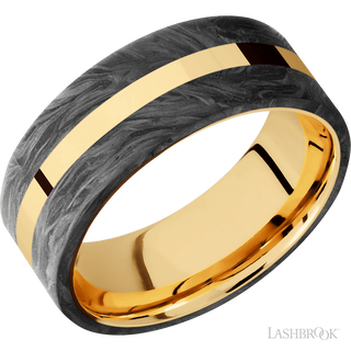 8 mm wide/Flat/14K Yellow Gold band with two 3 mm Double Off Center Edge inlays of Forged Carbon Fiber.