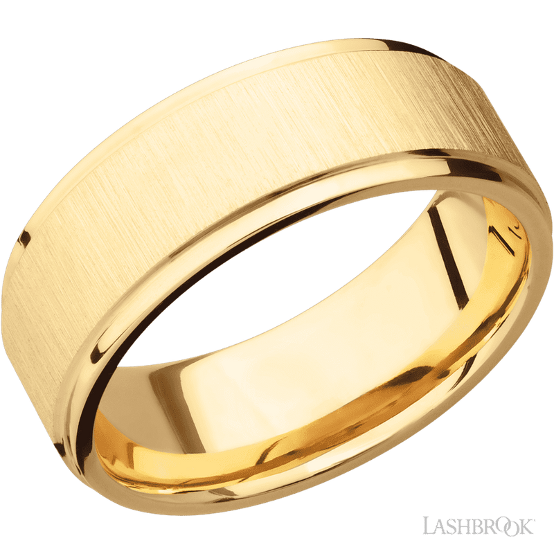 8 mm wide Flat Grooved Edges 14K Yellow Gold band.