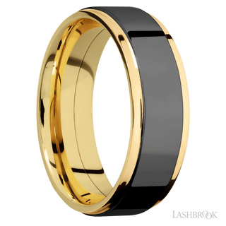 7 mm wide/Flat Grooved Edges/14K Yellow Gold band with one 5 mm Raised Centered inlay of Zirconium.