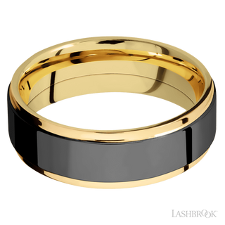 7 mm wide/Flat Grooved Edges/14K Yellow Gold band with one 5 mm Raised Centered inlay of Zirconium.