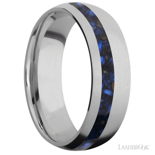 7 mm wide/Domed/Titanium band with one 2 mm Off Center inlay of Blue Tiger Eye.