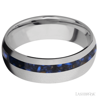 7 mm wide/Domed/Titanium band with one 2 mm Off Center inlay of Blue Tiger Eye.