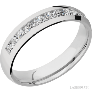 5 mm wide/Domed/Cobalt Chrome band with a Half Eternity arrangement of .07 carat Round Diamond stones in a Channel setting.