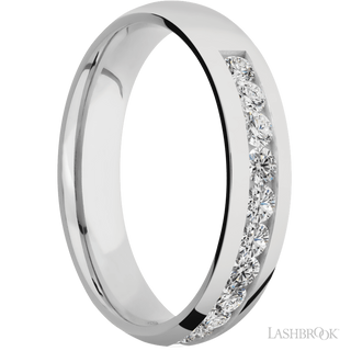 5 mm wide/Domed/Cobalt Chrome band with a Half Eternity arrangement of .07 carat Round Diamond stones in a Channel setting.