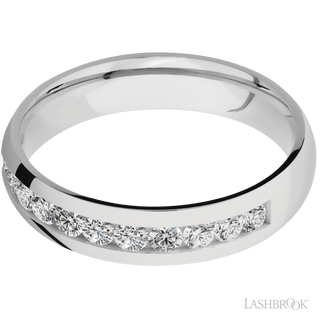 5 mm wide/Domed/Cobalt Chrome band with a Half Eternity arrangement of .07 carat Round Diamond stones in a Channel setting.