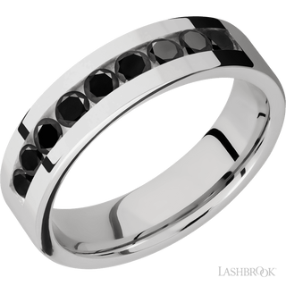 6 mm wide/Flat/Cobalt Chrome band with an  arrangement of 9, .1 carat Round Black Diamond stones in a Channel setting.