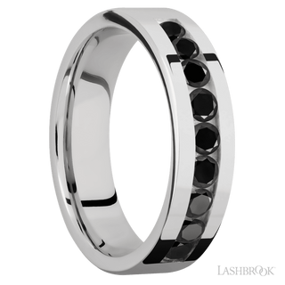 6 mm wide/Flat/Cobalt Chrome band with an  arrangement of 9, .1 carat Round Black Diamond stones in a Channel setting.