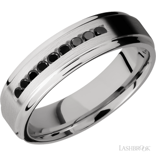 6 mm wide/Flat Grooved Edges/Cobalt Chrome band with an  arrangement of 9, .03 carat Round Black Diamond stones in a Channel setting.