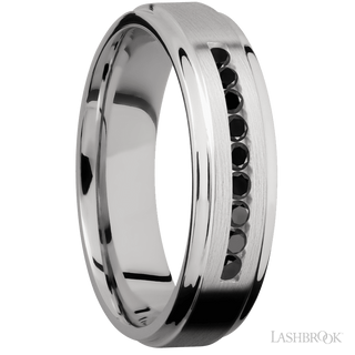 6 mm wide/Flat Grooved Edges/Cobalt Chrome band with an  arrangement of 9, .03 carat Round Black Diamond stones in a Channel setting.