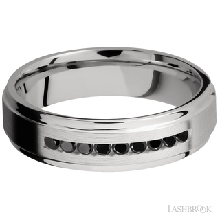 6 mm wide/Flat Grooved Edges/Cobalt Chrome band with an  arrangement of 9, .03 carat Round Black Diamond stones in a Channel setting.