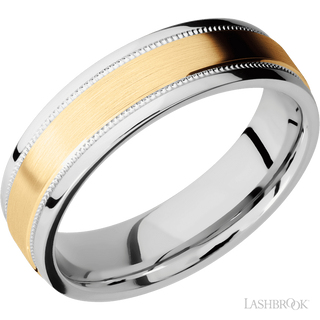 6 mm wide/Flat Stepped Edges Milgrain/Cobalt Chrome band with one 3 mm Raised Centered inlay of 14K Yellow Gold.