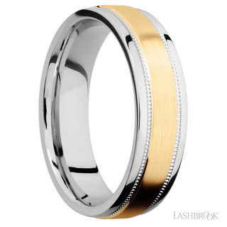6 mm wide/Flat Stepped Edges Milgrain/Cobalt Chrome band with one 3 mm Raised Centered inlay of 14K Yellow Gold.
