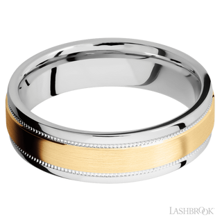 6 mm wide/Flat Stepped Edges Milgrain/Cobalt Chrome band with one 3 mm Raised Centered inlay of 14K Yellow Gold.