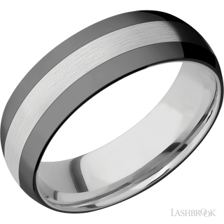 7 mm wide/Domed/Cobalt Chrome band with two 2 mm Double Off Center Edge inlays of Zirconium.