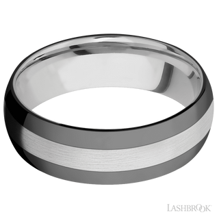 7 mm wide/Domed/Cobalt Chrome band with two 2 mm Double Off Center Edge inlays of Zirconium.