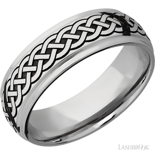 7 mm wide/Domed Stepped Down Edges/Cobalt Chrome band with a laser carved Celtic 9 pattern.