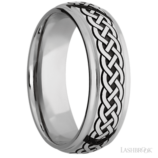 7 mm wide/Domed Stepped Down Edges/Cobalt Chrome band with a laser carved Celtic 9 pattern.