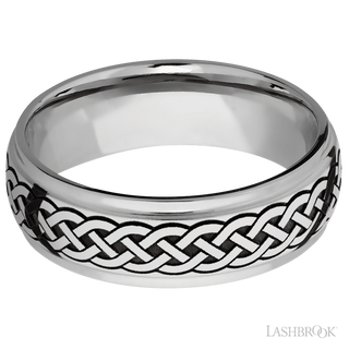 7 mm wide/Domed Stepped Down Edges/Cobalt Chrome band with a laser carved Celtic 9 pattern.