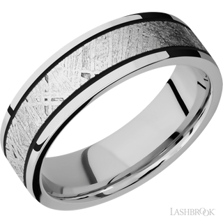 7 mm wide/Flat/Cobalt Chrome band with one 4 mm Centered inlay of Meteorite.