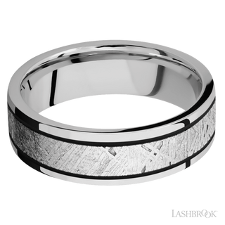 7 mm wide/Flat/Cobalt Chrome band with one 4 mm Centered inlay of Meteorite.