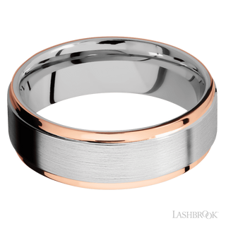 7 mm wide/Flat Grooved Edges/Cobalt Chrome band with two 1 mm Edge inlays of 14K Rose Gold.
