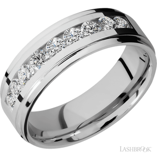 7 mm wide/Flat Grooved Edges/Cobalt Chrome band with an  arrangement of 9, .1 carat Round Diamond stones in a Channel setting.