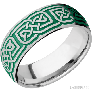 8 mm wide/Domed/Cobalt Chrome band with a laser carved Celtic 17 pattern.