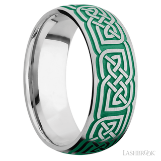 8 mm wide/Domed/Cobalt Chrome band with a laser carved Celtic 17 pattern.