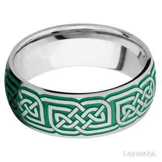 8 mm wide/Domed/Cobalt Chrome band with a laser carved Celtic 17 pattern.
