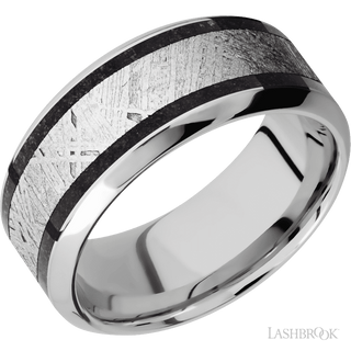 9 mm wide/High Bevel/Cobalt Chrome band featuring inlays of Dinosaur Bone Black and Meteorite.