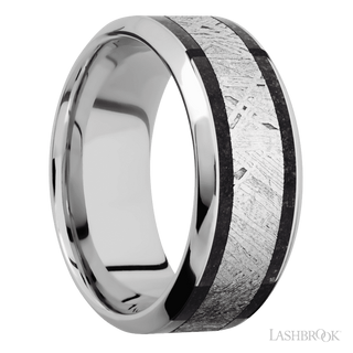 9 mm wide/High Bevel/Cobalt Chrome band featuring inlays of Dinosaur Bone Black and Meteorite.