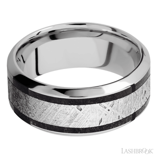 9 mm wide/High Bevel/Cobalt Chrome band featuring inlays of Dinosaur Bone Black and Meteorite.