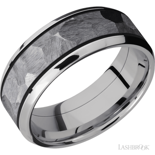 8 mm wide/Beveled/Cobalt Chrome band with one 5 mm Centered inlay of Tantalum.