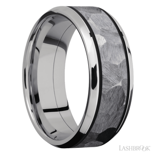 8 mm wide/Beveled/Cobalt Chrome band with one 5 mm Centered inlay of Tantalum.