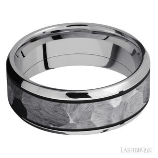 8 mm wide/Beveled/Cobalt Chrome band with one 5 mm Centered inlay of Tantalum.